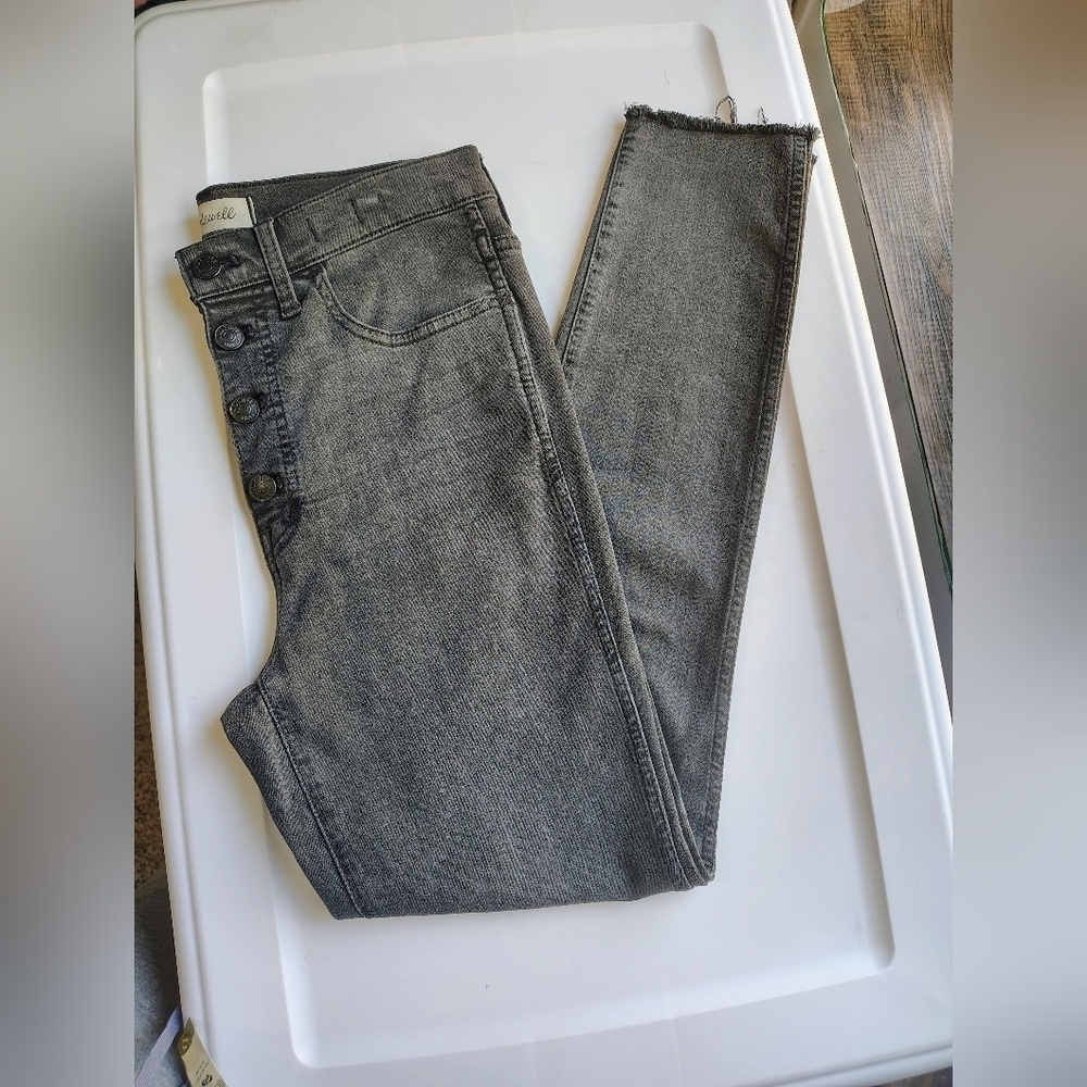 Madewell 10" high rise skinny jeans exposed button fly frayed Hem grey sz 27. - Picture 6 of 17
